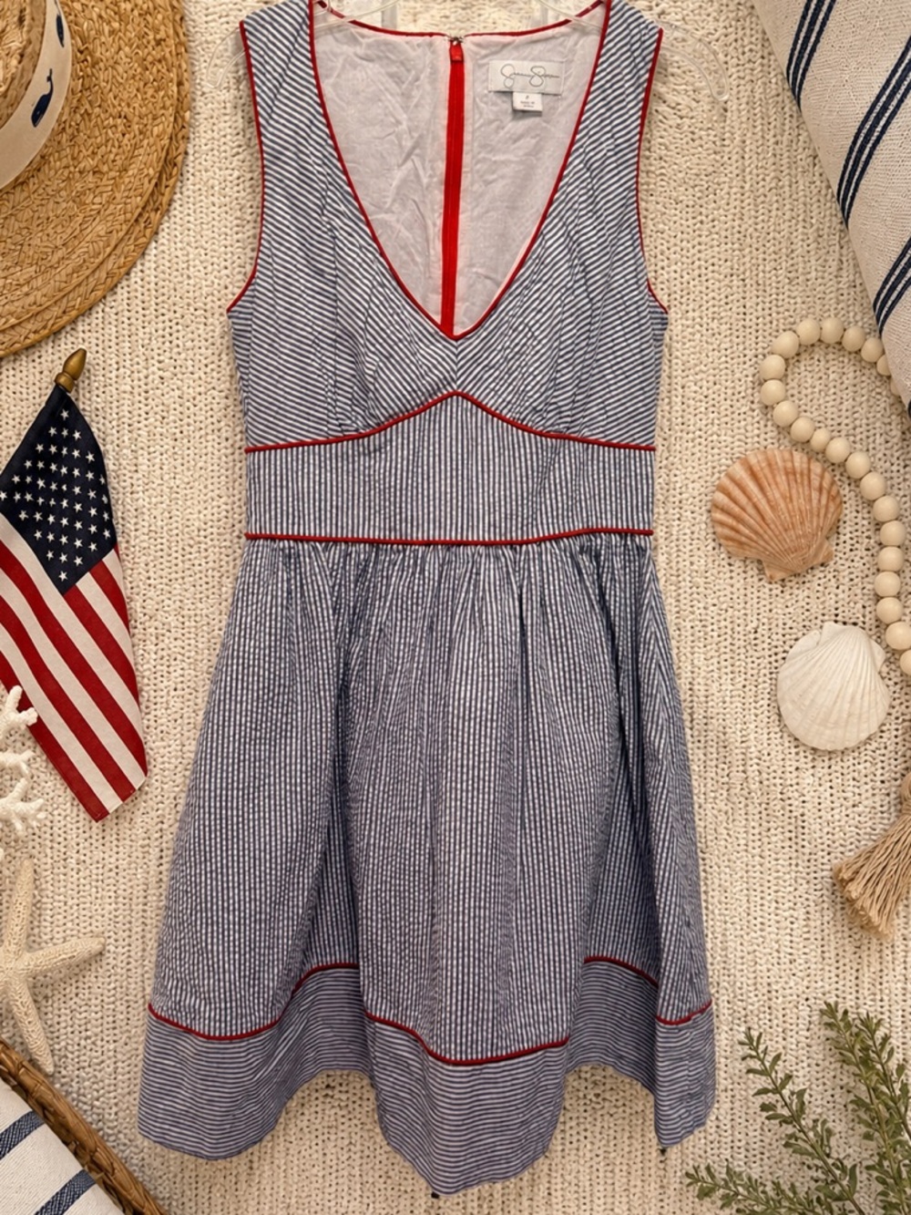 Jessica Simpson Seersucker Fit Flare Dress Blue White Orange Trim Size 4